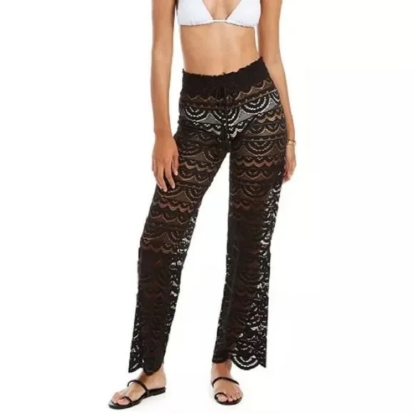 NWT, Miken Swim Black Palm Tree Crochet Cover-up Pants - Picture 1 of 13